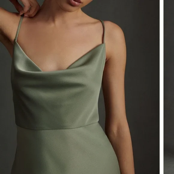 BHLDN Cali Satin Cowl-Neck Midi Slip Dress 💚 - Picture 2 of 6